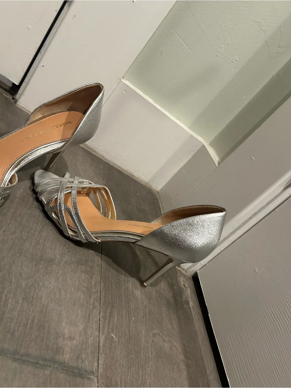 Badgley Mischka Silver Crisscross Open-Toe Heels
